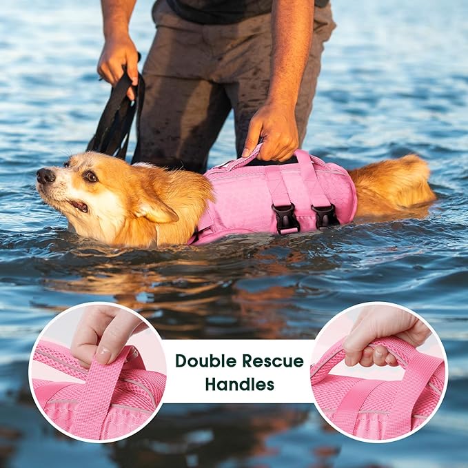 Kuoser Dog Life Jacket High Flotation, Reflective Dogs Life Vest for Swimming Boating, Adjustable Small Medium Large Dog lifejacket, Lightweight Dogs Life Preserver Rescue Handle Spring Summer Pool