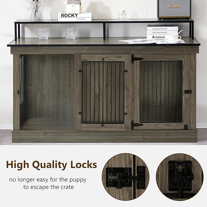 MCombo Large Dog Crate Furniture TV Stand, Wooden Pet Kennel with Double Doors, Indoor Furniture Style Dog House End Table, 1861 (Brown)