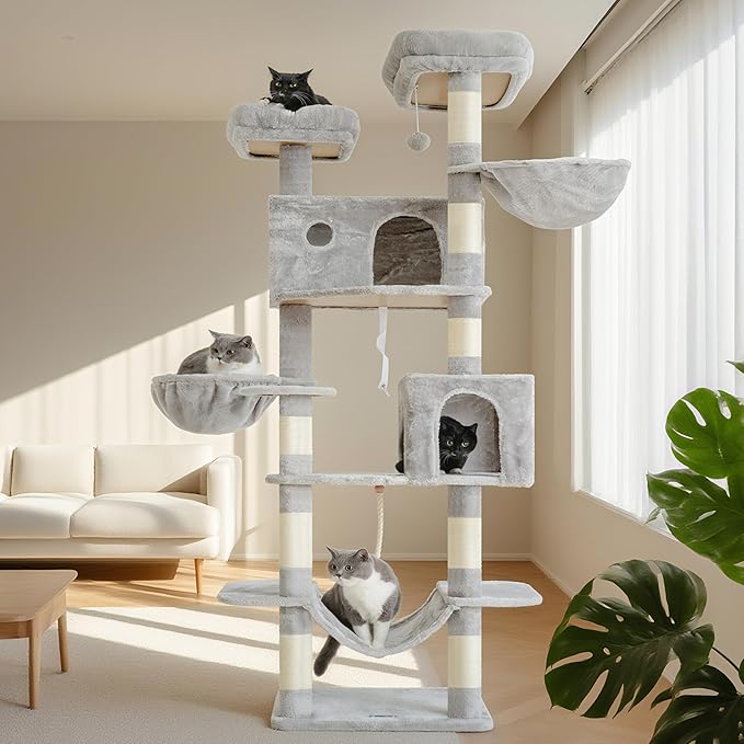 80.7''(205cm) Cat Tree for Indoor Cats, Large Cat Tower for Multi Adult Cats, Cat Tree House with Big Hammock, 2 Top Perches/Cat Condos/Baskets, 8 Scratching Posts, Light Gray GCT034W