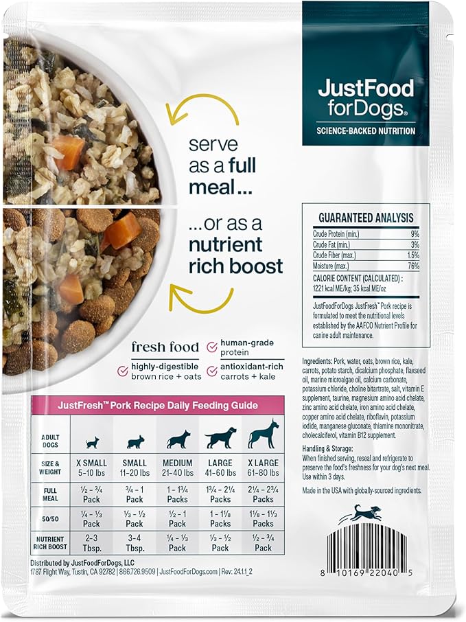 JustFoodForDogs JustFresh Home-Cooked Pork Dog Food with No Preservatives, Resealable Package, Human Grade Wet Dog Food, 12 oz - 7 Pack