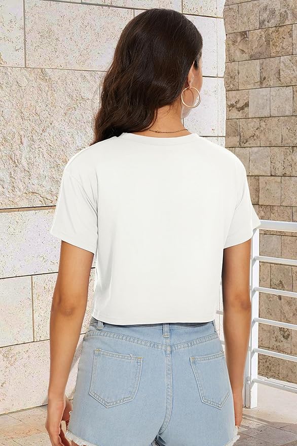 Womens Summer Crop Tops Short Sleeve Round Neck T-Shirts Loose Fit Casual Blouse