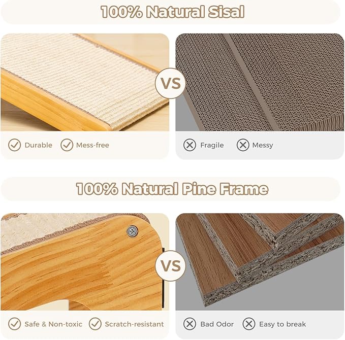 Avont Sisal Cat Scratcher, 25.6 Inch Vertical L Shape Scratching Board with 110° Angled Ramp, Natural Solid Wood with No Mess Scratch Pad for Indoor Cats -Large