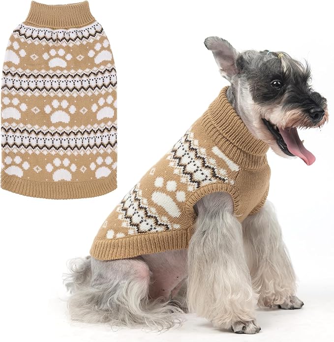 KOOLTAIL Cable Knit Dog Sweater Turtleneck, Cold Weather Pullover Classic Knitwear, Cute Paws Pattern Thick Warm Winter Pet Clothes, Dog Christmas Sweater for Small Medium Large Dogs Cats,Khaki SM