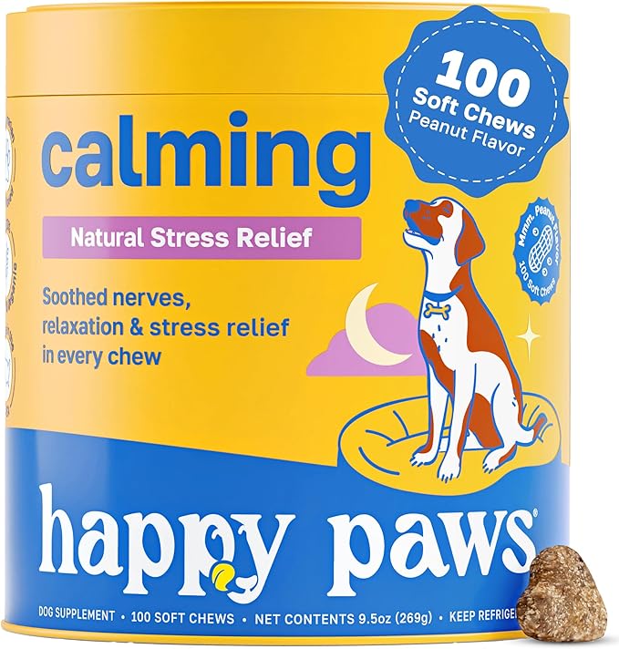 Happy Paws Calming Chews for Dogs, Soft Chews with Chamomile, Passion Flower, Valerian Root, Tryptophan & Theanine, Supports Relaxation, Balanced Behavior & Sleep, Vegan Peanut Butter Flavor 100 Count