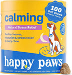 Happy Paws Calming Chews for Dogs, Soft Chews with Chamomile, Passion Flower, Valerian Root, Tryptophan & Theanine, Supports Relaxation, Balanced Behavior & Sleep, Vegan Peanut Butter Flavor 100 Count