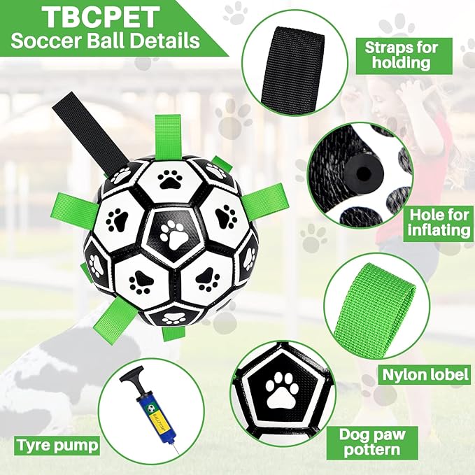 Dog Toys Soccer Ball with Straps, Interactive for Tug of War, Puppy Birthday Gifts, Toy, Water World Cup Durable Balls Small Medium & Large Dogs