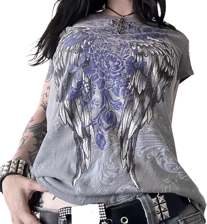 Gothic Tees for Women Y2K Grunge Graphic Short Sleeve Crew Neck T-Shirts 90s Vintage Aesthetic Emo Clothes