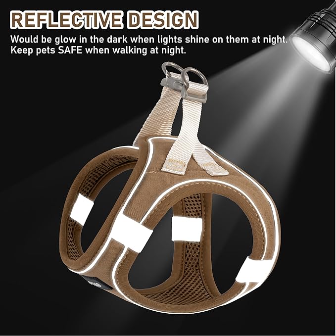 GAMUDA Small Pet Harness Collar and Leash Set, Step in No Chock No Pull Linen Fabric Soft Mesh Dog Vest Harnesses Reflective for Dogs Puppy Cats Kitten Rabbit (Brown, L)