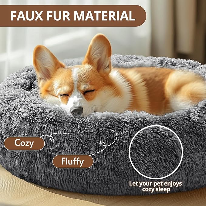 JOLLYVOGUE Medium Calming Dog Bed, Anti-Anxiety Donut Cuddler Cat Bed with Anti-Slip Bottom, Fluffy Faux Fur Machine Washable Pet Cushion for Medium Dog & Cat, 27"/Smoke Black