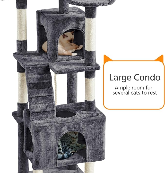 Yaheetech XL Cat Tree, 72in Multi-Level Cat Tower with 2 Cozy Caves, 3 Soft Perches, Scratching Posts, Board, and Dangling Ball, Pet Furniture Play House for Kittens/Cats, Dark Gray