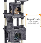 Yaheetech XL Cat Tree, 72in Multi-Level Cat Tower with 2 Cozy Caves, 3 Soft Perches, Scratching Posts, Board, and Dangling Ball, Pet Furniture Play House for Kittens/Cats, Dark Gray