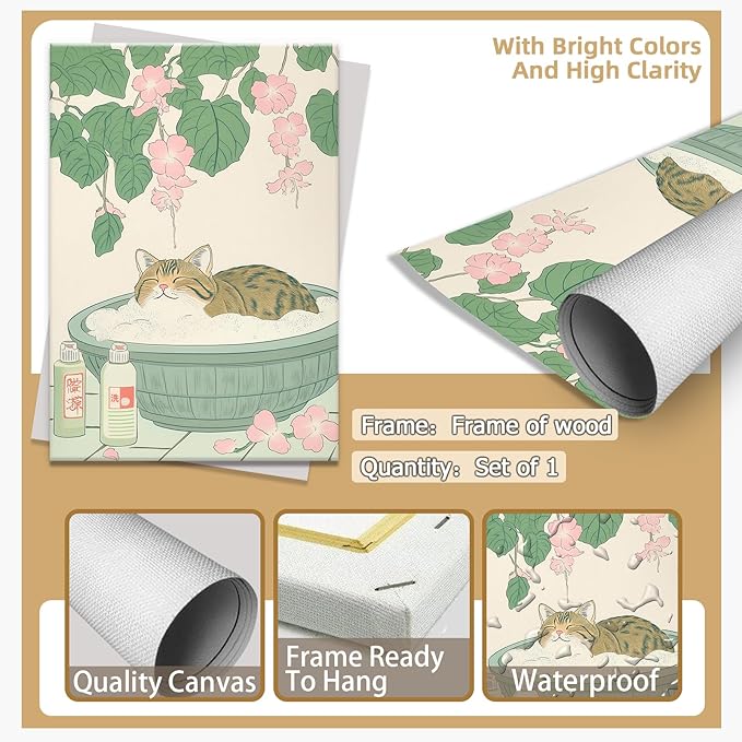 Vintage Tabby Cat in Bathtub Wall Art Funny Japanese Poster Print Relaxation Decor Cute Animal Pet Canvas Neutral Japan Painting for Bathroom Dorm Living Room Home Aesthetic 20x30inch Framed
