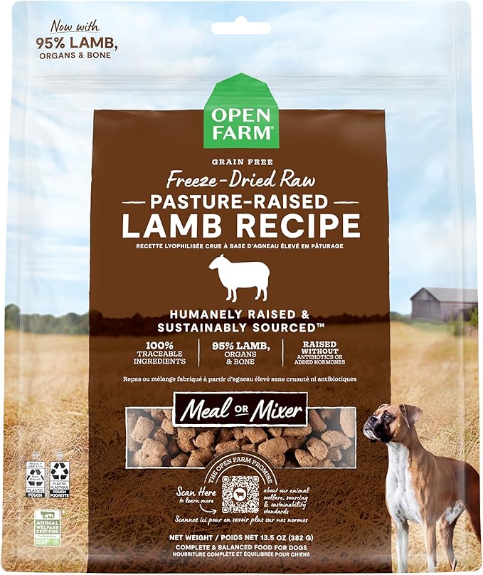 Open Farm, Freeze Dried Raw Dog Food, Morsels with 95% Meat, Organs & Bone, Organic Produce & Superfoods, Complete Meal or Freeze Dried Dog Food Topper, Lamb Recipe, 13.5oz Bag