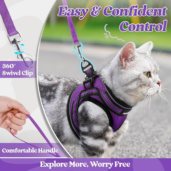 rabbitgoo Cat Harness and Leash Set for Walking Escape Proof, Adjustable Soft Kittens Vest with Reflective Strip for Cats, Comfortable Outdoor Vest, Purple, S