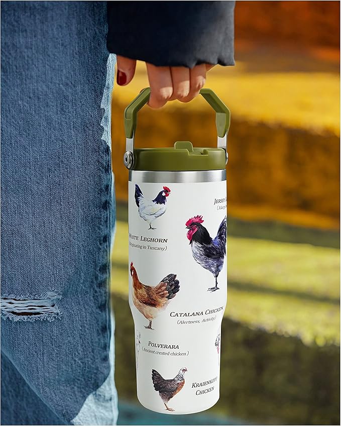 30oz Chicken Tumbler with Handle and Straw, Stainless Steel Vacuum Insulated Coffee Tumbler, Travel Mug Water Bottle, chicken Stuff Accessories Decor, chicken Gifts for Women