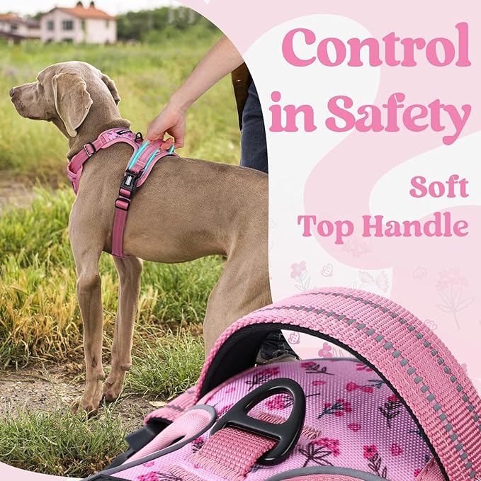 rabbitgoo Dog Harness for Large, No Pull Pet Harness with 3 Buckles, Adjustable Soft Padded Vest with Control Handle, Walking Reflective Pet Vest for Extra Large Dogs, Floral Pink, XL