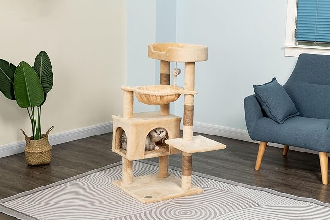 Go Pet Club Everyday Value 37in Cat Tree Tower Cat Condo Comfy Large Perch, Scratching Posts, Dangling Mouse and Hammock, Cat Play Tower for Cats and Kittens, Beige