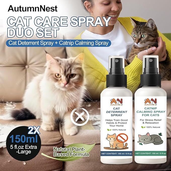 Cat Spray 2-Pack Furniture Saver Kit – 150ml Cat Deterrent Spray + Calming Catnip Spray – Anti-Scratch Training & Stress Relief Solution for Indoor Cats & Kittens