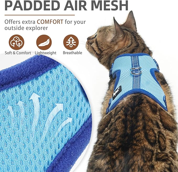 PUPTECK Cat Harness and Leash Set Escape Proof, Reflective Adjustable Soft Mesh Kitten Vest Harness for Walking Travel, Blue, S