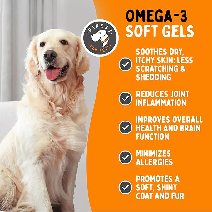 Omega 3 Fish Oil for Dogs - Finest For Pets Soft Gels for Skin & Coat, Itching, Shedding, Joints & Immune Health - 100% Pure Omega Fish Oil with EPA & DHA. Ideal for Medium to Large Dogs (180 ct)