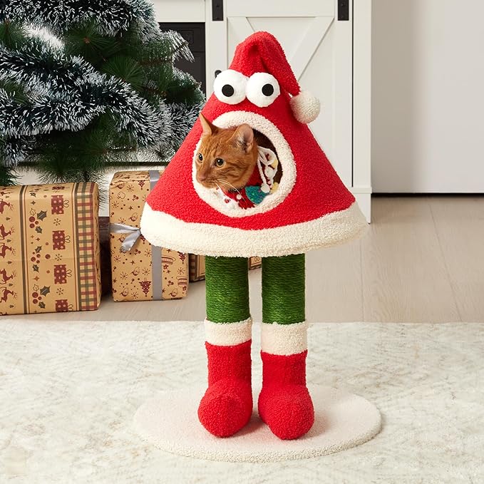 Christmas Cat Tree Tower for Indoor Cats Cute Santa Hat Design with Scratching Posts & Cozy Cat Bed, Small to Large Cat Tower, Red