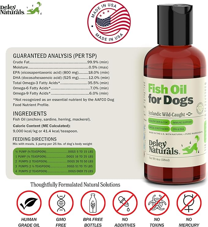 Deley Naturals Dog Fish Oil Icelandic 2X Omega - Dog Itching Skin Relief with Omega 3 6 9 for Allergies, Coat & Heart - Omega 3 Fish Oil for Dogs Skin Irritation - 4oz Omega Oil for Dogs Made in USA
