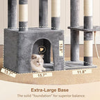 Heybly Heavy Duty Cat Tree, Tower for Indoor Cats large adult, Tall Cat Condo House with Extra-Large Baseboard, Multi-Level Plush Furniture with Scratching Posts, Hammock, Toy Ball, Light Gray HCT026W