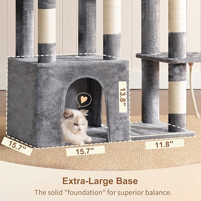 Heybly Heavy Duty Cat Tree, Tower for Indoor Cats large adult, Tall Cat Condo House with Extra-Large Baseboard, Multi-Level Plush Furniture with Scratching Posts, Hammock, Toy Ball, Light Gray HCT026W