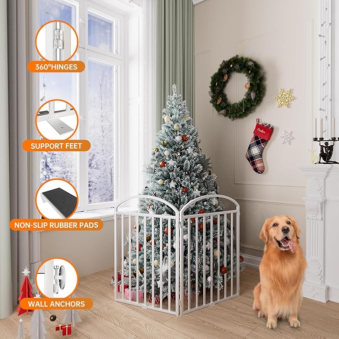 2 Panels Full Matel Freestanding Dog Gates with Door, 48"Extra Wide 32"Tall Free Standing Dog Pet Gate for Indoor & Outdoor. Foldable Pet Fences for Doorways, House, Stairs, Porch, Deck, Yard