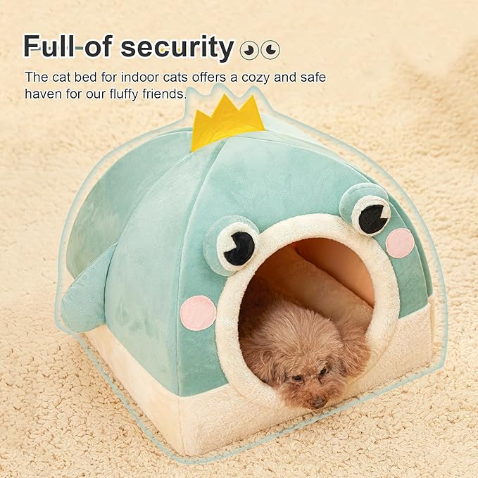 Jiupety Cat Beds for Indoor Cats, Cute Cat House for Cats and Puppy, Cute Cat Cave Bed with Removable Cushion, Large Cat Bed Cat Hideaway, 2-in-1 Cat Tent, L(19" × 19" × 19"), Green.