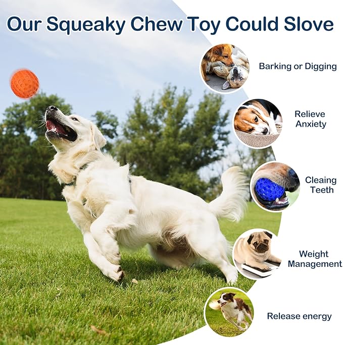 2 Pack Indestructible Squeaky Dog Balls, Cleans Teeth, Relieves Anxiety, Interactive Dog Toy for Aggressive Chewers, Rubber Ball Breeds, Outdoor Waterproof