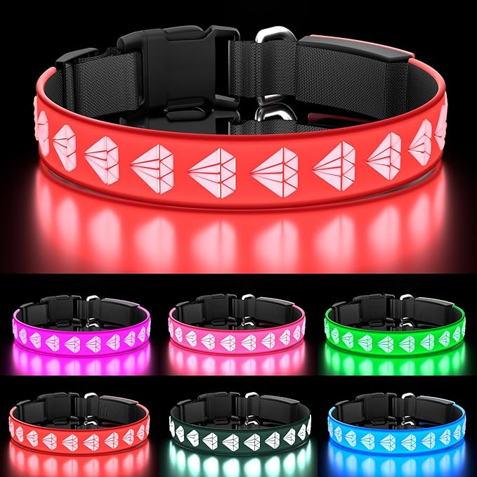 LED Dog Collar, Adjustable, 15 Multi-Colors, Rechargeable, Waterproof, Light Up Dog Collar for Small Dogs Night Walking, Red