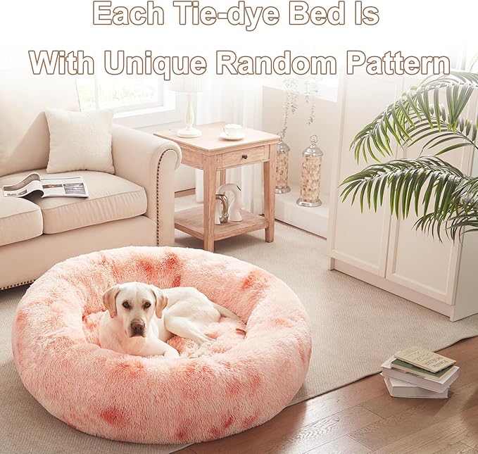 45 inches Donut Dog Bed for Extra Large Dogs,Calming Fluffy Round Jumbo Pet Bed with Removable & Washable Cover, Fits up to 150 lbs Pets (Tie-dye Pink,XL)