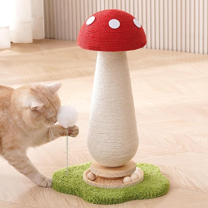 Mushroom Cat Scratching Post Cat Tree, 21.5‘’ H Cute Cat Scratcher Tower with Durable Solid Wood Turntable Toy, Mushroom Scratch Post Cat Toys Cat Sisal Scratcher with Catnip for Indoor Cats