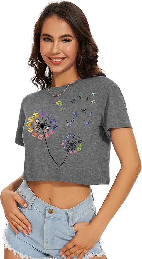 Womens Summer Crop Tops Short Sleeve Round Neck T-Shirts Loose Fit Casual Blouse