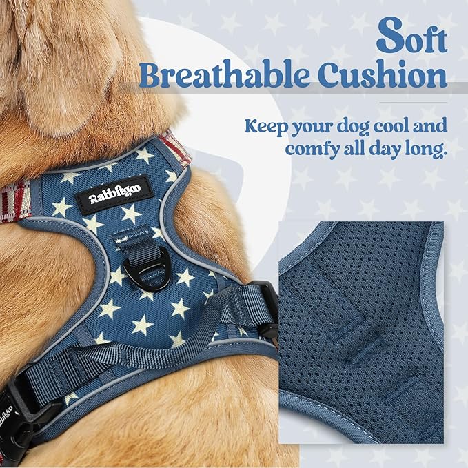 rabbitgoo Dog Harness No Pull with 2 Leash Clips, Adjustable Soft Padded, Reflective Oxford No Choke Pet Vest with Easy Control Handle for Large Dogs, Blue Star, S