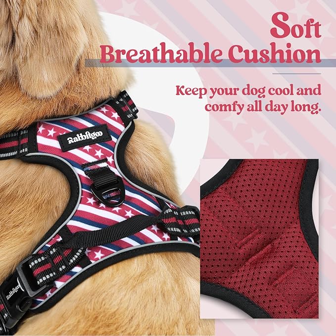 rabbitgoo Dog Harness No Pull with 2 Leash Clips, Adjustable Soft Padded, Reflective Oxford No Choke Pet Vest with Easy Control Handle for Large Dogs, Red Stripe, M