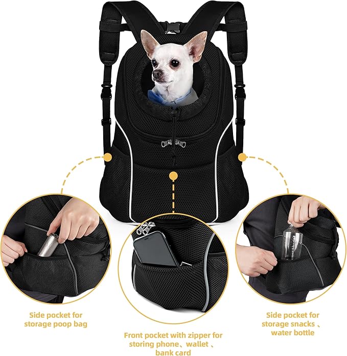WOYYHO Pet Dog Carrier Backpack Small Dog Front Backpack Ventilated Dog Carrier Back Pack with Storage Pockets, Adjustable Straps & Safety Belt for Travel Hiking Outdoor(Size L: 10-14 lbs, All Black)