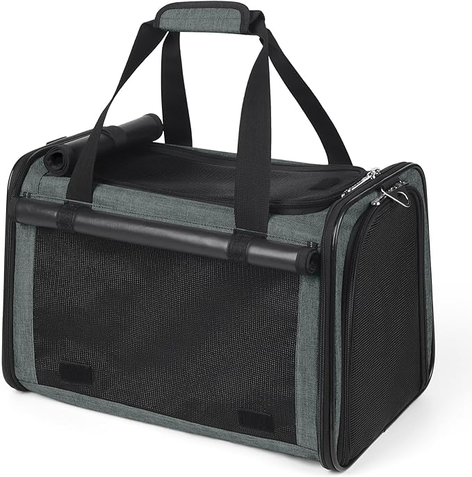 YUDODO 25 lbs Lightproof Soft Sided Pet Carrier for Large Cat & Small Dog Airline Approved Travel Puppy Carrier with Side Pockets & Reflective Mesh, Foldable Portable for Outdoor Car Grey Green