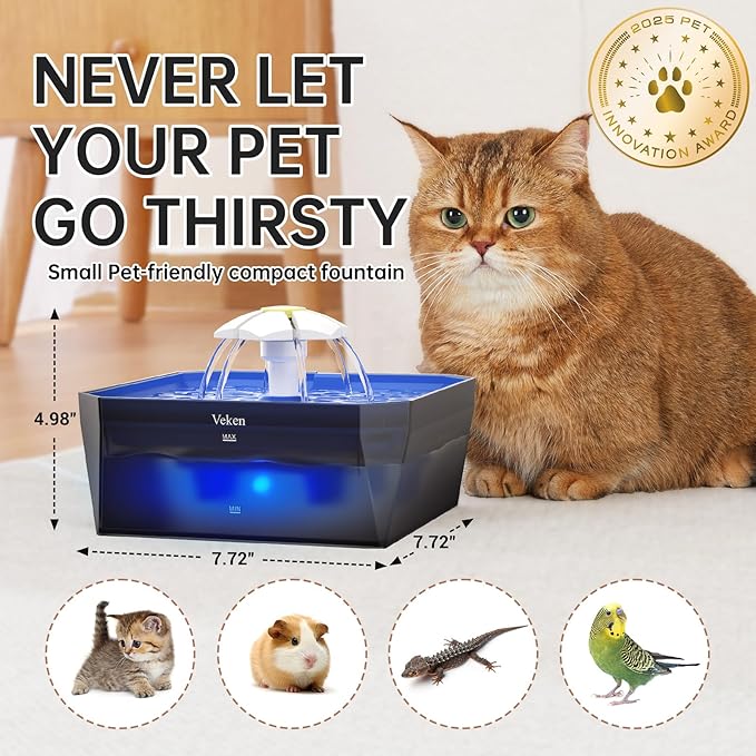 Veken Award-Winning Small Pet-Friendly Cat Water Fountain with Quiet Pump, Easy to Clean & Assemble, 50oz Mini Pet Water Dispenser Gifts for Christmas, Cats, Dogs and Small Animals, Blue