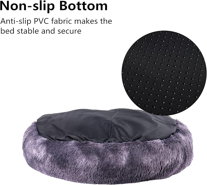 Oval Calming Donut Cuddler Dog Bed,Shag Faux Fur Cat Bed Washable Round Pillow Pet Bed(30"/36"/43") for Small Medium Dogs (XL(36"x27"x7"), Grey2021)