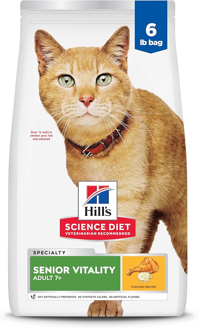 Hill's Science Diet Senior Vitality, Senior Adult 7+, Senior Premium Nutrition, Dry Cat Food, Chicken & Rice, 6 lb Bag