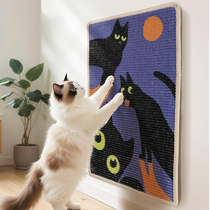 3-in-1 Sisal Cat Scratcher Mat 23.6x15.7'' Protects Carpet Couch & Furniture with Sticker Tape, Floor & Wall Cat Scratching Pad, Anti-Slip, Durable for Indoor Outdoor Cats (Royal Purple)