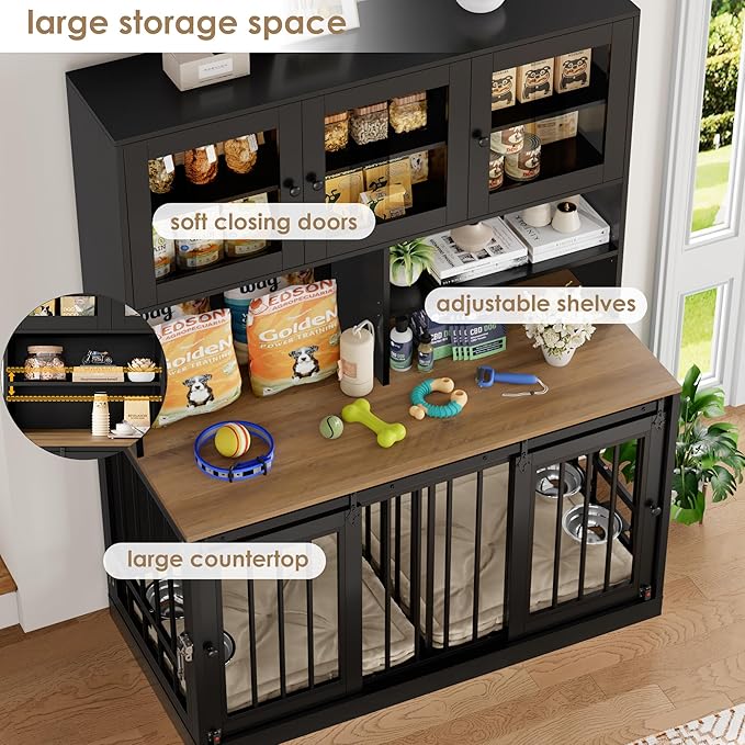 TTVIEW 71"H x 55"L Large Dog Crate Furniture with Hutch Shelf and Glass Door, Indoor Dog Kennel with Divider and Feeding Bowls for Large Dogs 2 Pets, Heavy Duty Dog Cage Pet House with 4 Doors, Black