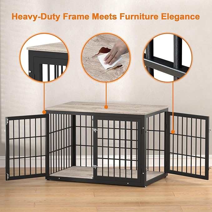 48 Inch Heavy Duty Dog Crate Furniture for Large and Medium Dogs, Decorative Pet House End Table, Wooden Cage Kennel Furniture Indoor, Grey