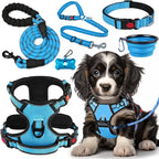 No Pull Dog Harness, Collar & Leash Set with Retractable Dog Seat Belt, Collapsible Dog Bowls and Poop Bag Dispenser - Ideal for Training, Walking, Hiking - Fits Small to Large Dogs(Blue-M)