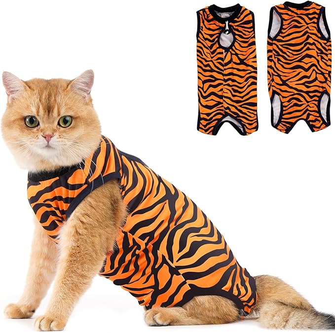 Avont Cat Recovery Suit - Kitten Onesie for Cats After Surgery, Cone of Shame Alternative Surgical Spay Suit for Female Cat, Post-Surgery or Skin Diseases Protection -Tiger(L)