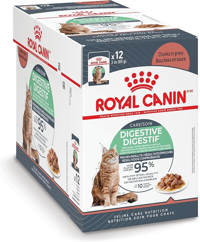 Royal Canin Digestive Care Chunks in Gravy Adult Wet Cat Food, Pouches 3 Oz(Pack of 12), Chicken flavor