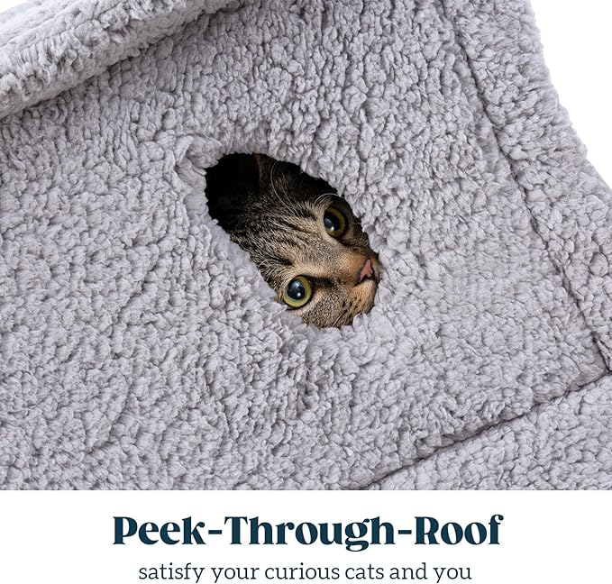 Cat Houses for Indoor Cats - Large Cat Cave Bed with Removable Support Foam and Washable 2-Side Mat - Covered Cat Bed for Cat Hideaway - Enclosed Cat Hideout for Kitten and Small Pet, Grey