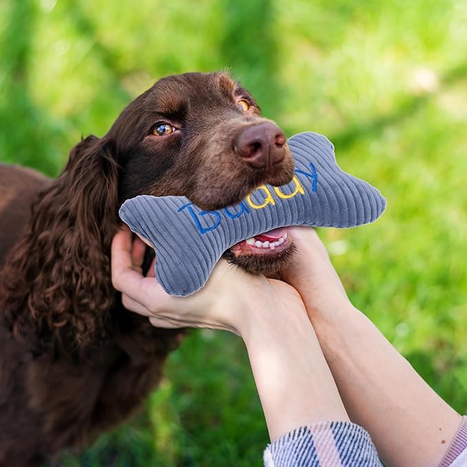2025 Personalized Squeaky Dog Toys, Embroidered Bone Shape Corduroy Pet Pillow 8"x5"with Name, Dog Chew Puzzle Toy Custom Color Birthday Gifts for Small Medium Dogs